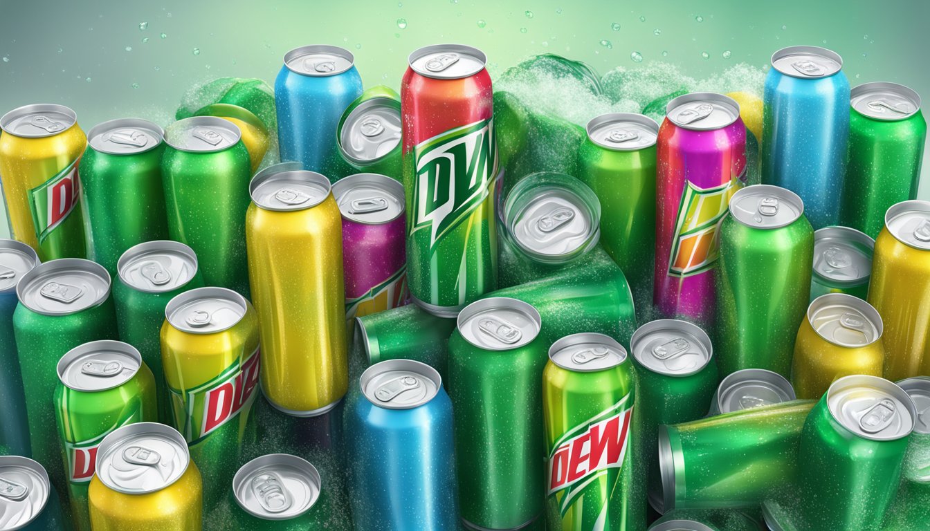 A tall, icy glass of Mountain Dew with condensation, surrounded by empty cans