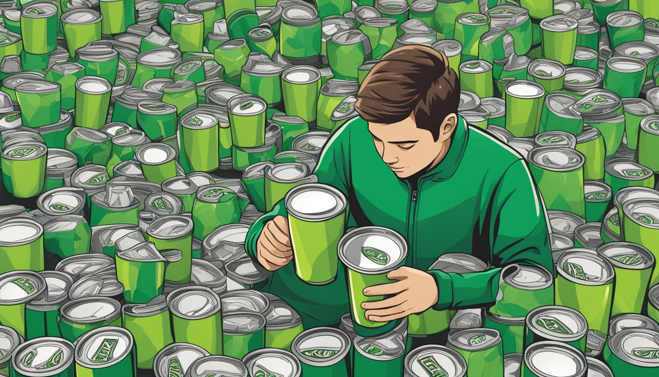 A person surrounded by multiple empty Mountain Dew cans, with a pile of sugar cubes and a stack of coffee cups next to them