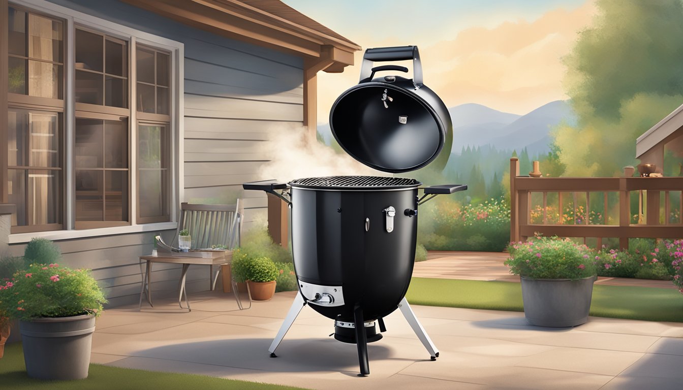 An 18-inch Weber Smokey Mountain Cooker sits on a patio, billowing smoke as it cooks food, surrounded by a serene backyard setting