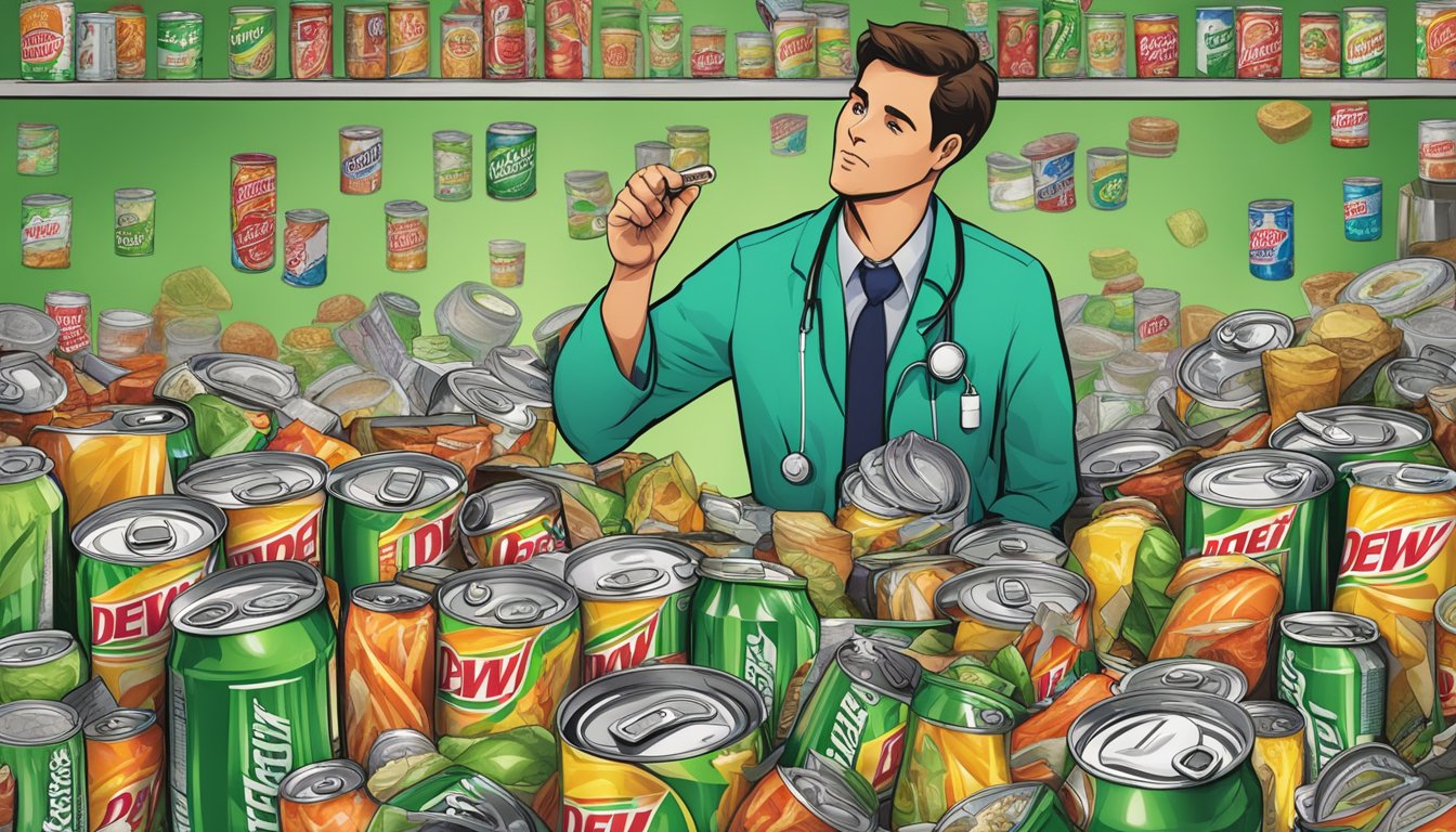 A person surrounded by empty Mountain Dew cans, with a pile of junk food and a concerned doctor pointing to a chart of health risks