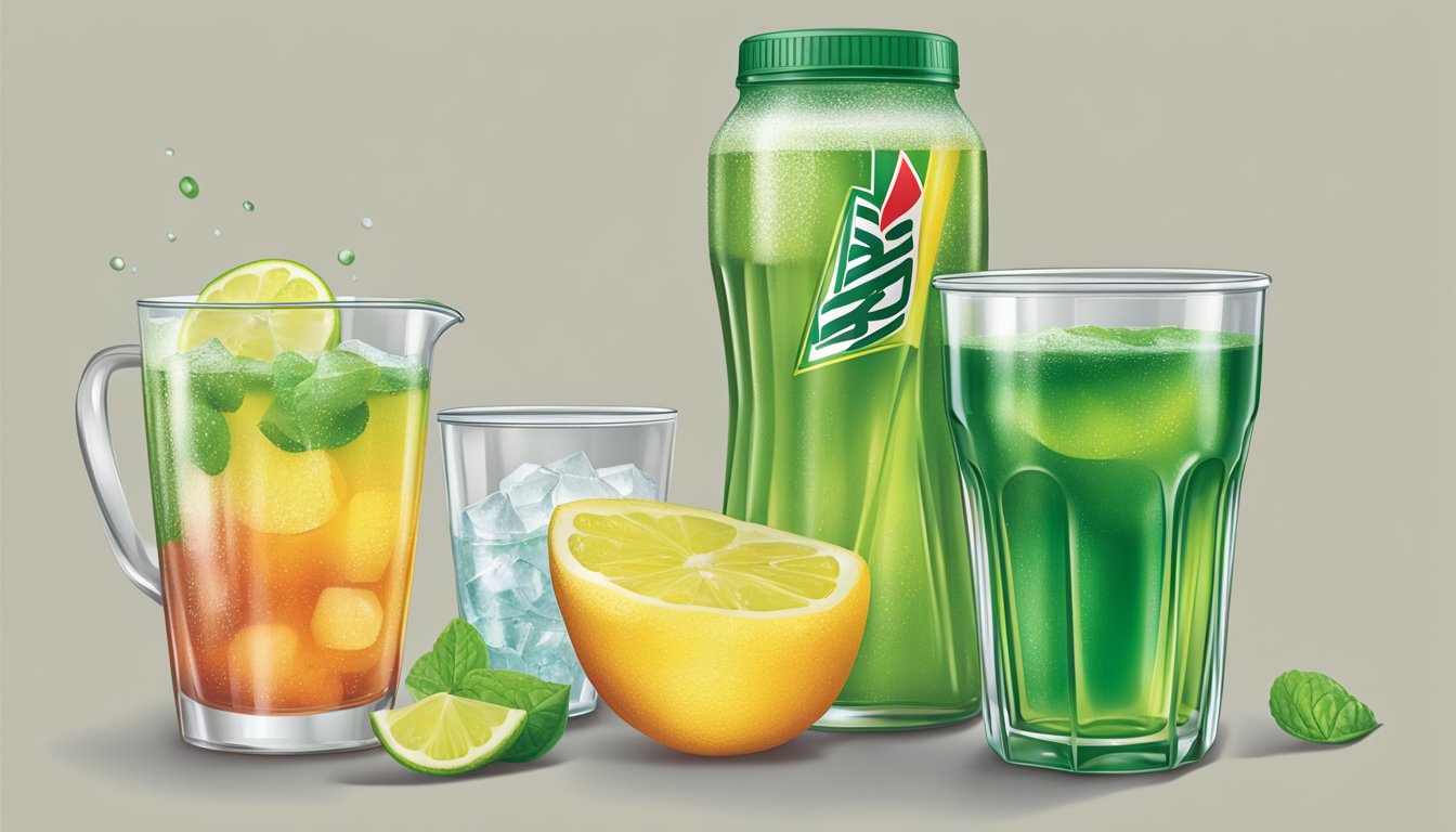 A large, overflowing glass of Mountain Dew next to a measuring cup with the recommended serving size marked