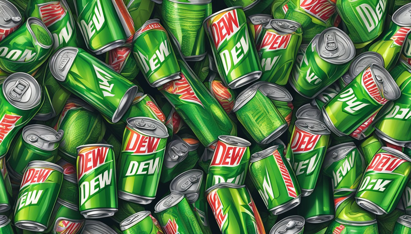 A towering stack of Mountain Dew cans surrounded by smaller piles of other beverages, with a measuring cup overflowing with liquid