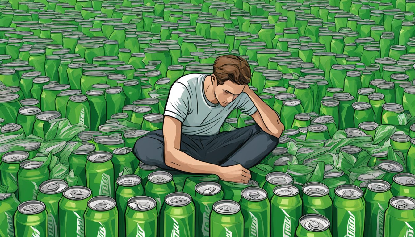 A person surrounded by empty Mountain Dew cans, with a large pile of them in the background, indicating excessive consumption