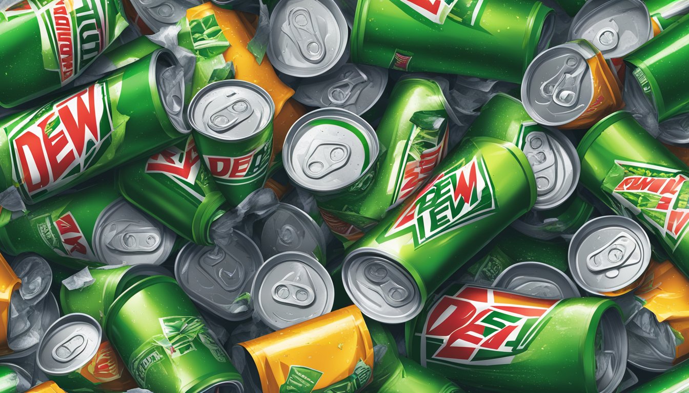 A towering stack of empty Mountain Dew cans spills out of a recycling bin, surrounded by scattered crumpled wrappers and overflowing trash