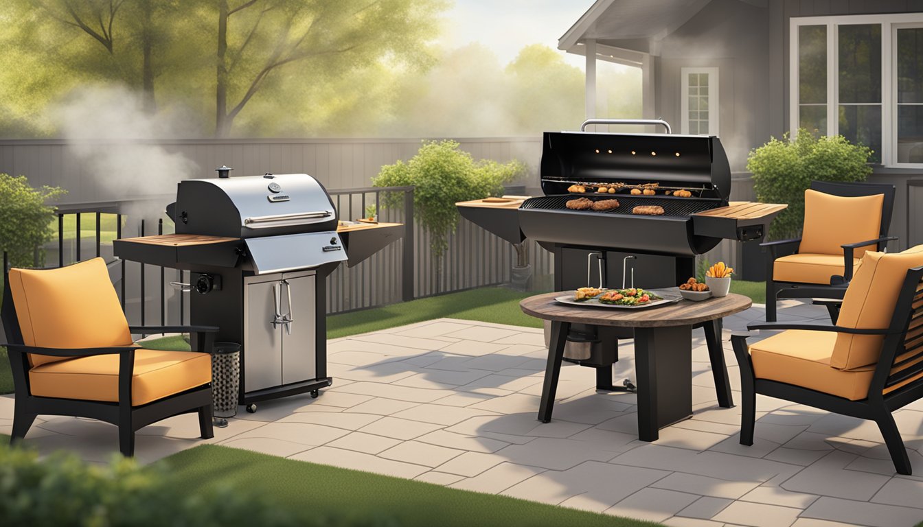 A backyard patio with a Z Grills 700D Wood Pellet Grill/Smoker surrounded by chairs and a table, with smoke billowing from the grill