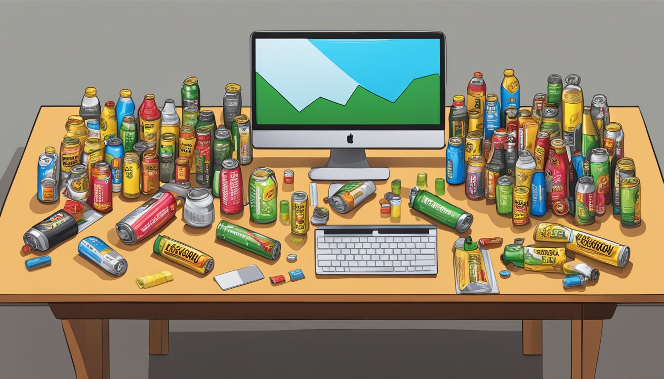 A cluttered desk with multiple empty 5-hour energy bottles and scattered energy drink cans