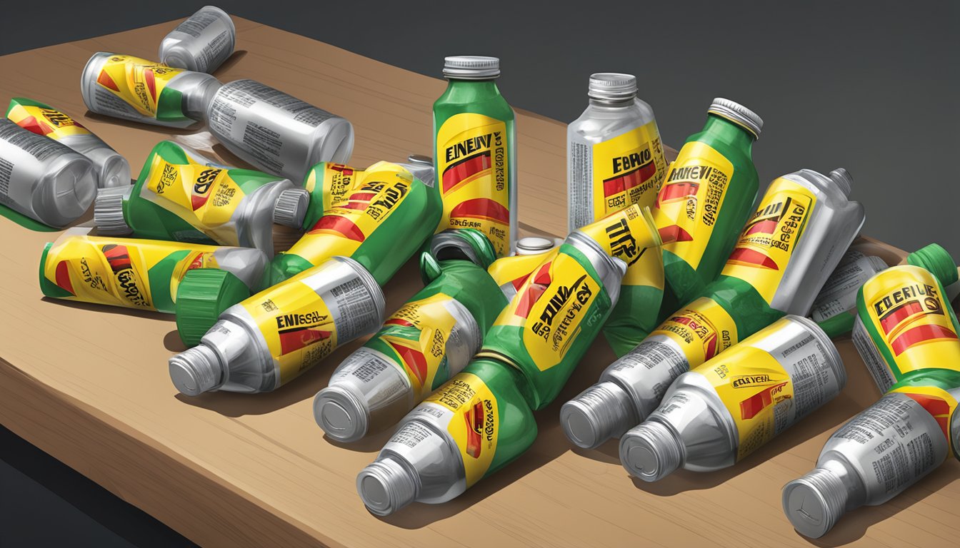 A table with multiple empty 5-hour Energy bottles scattered around, some toppled over. A warning label on the packaging is visible