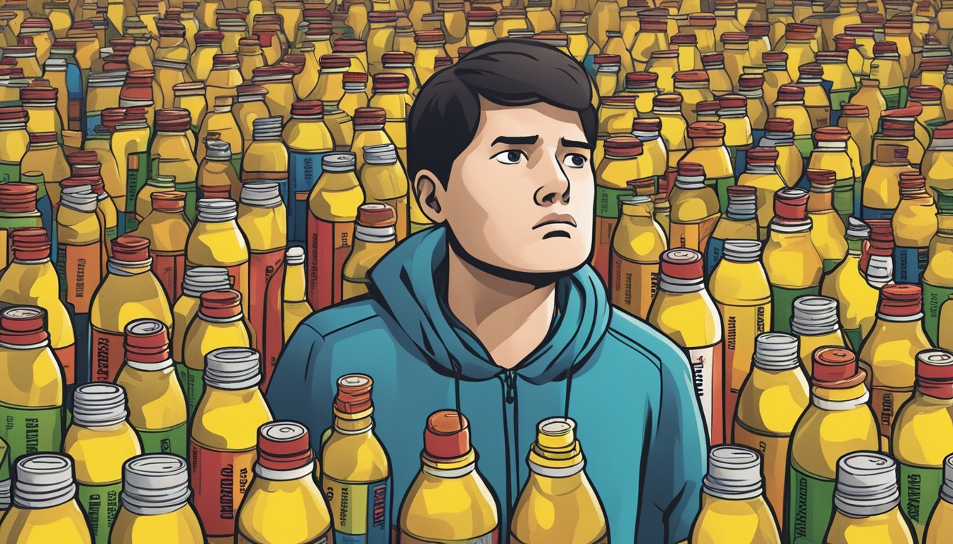 A person surrounded by empty 5-Hour Energy bottles with a jittery and anxious expression, showing signs of physical and cognitive overload