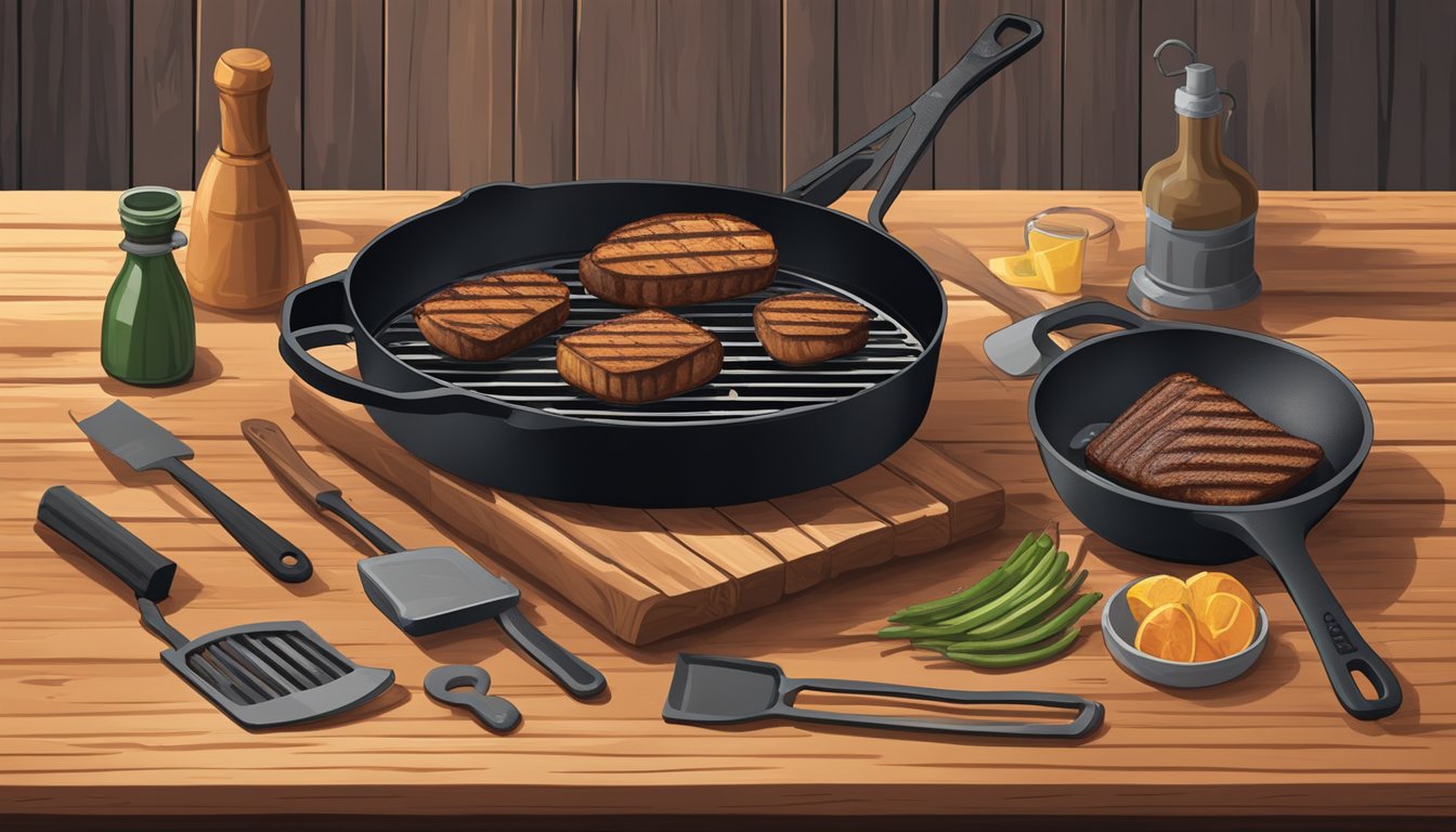 A Lodge cast iron grill pan surrounded by essential BBQ tools on a rustic wooden table