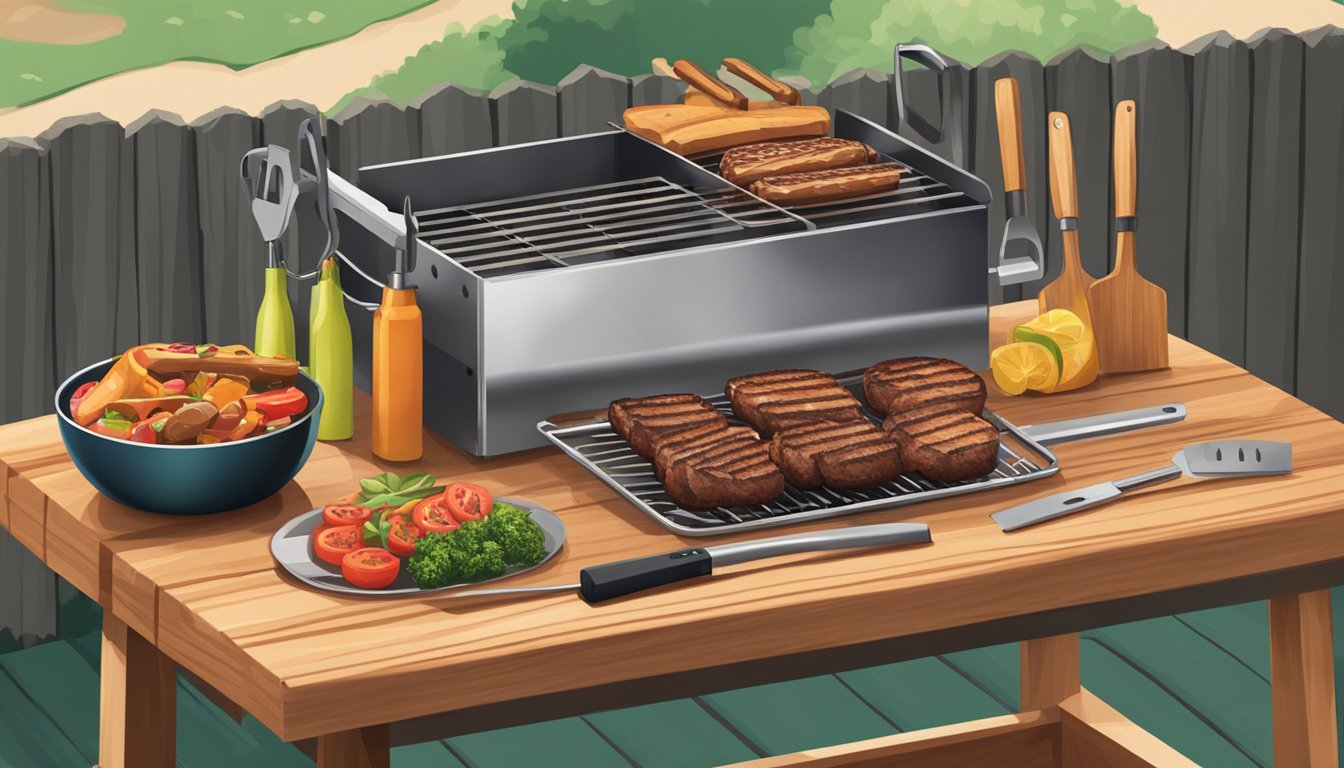 A pair of stainless steel BBQ tongs resting on a wooden cutting board next to a grilling station with various BBQ tools and essentials