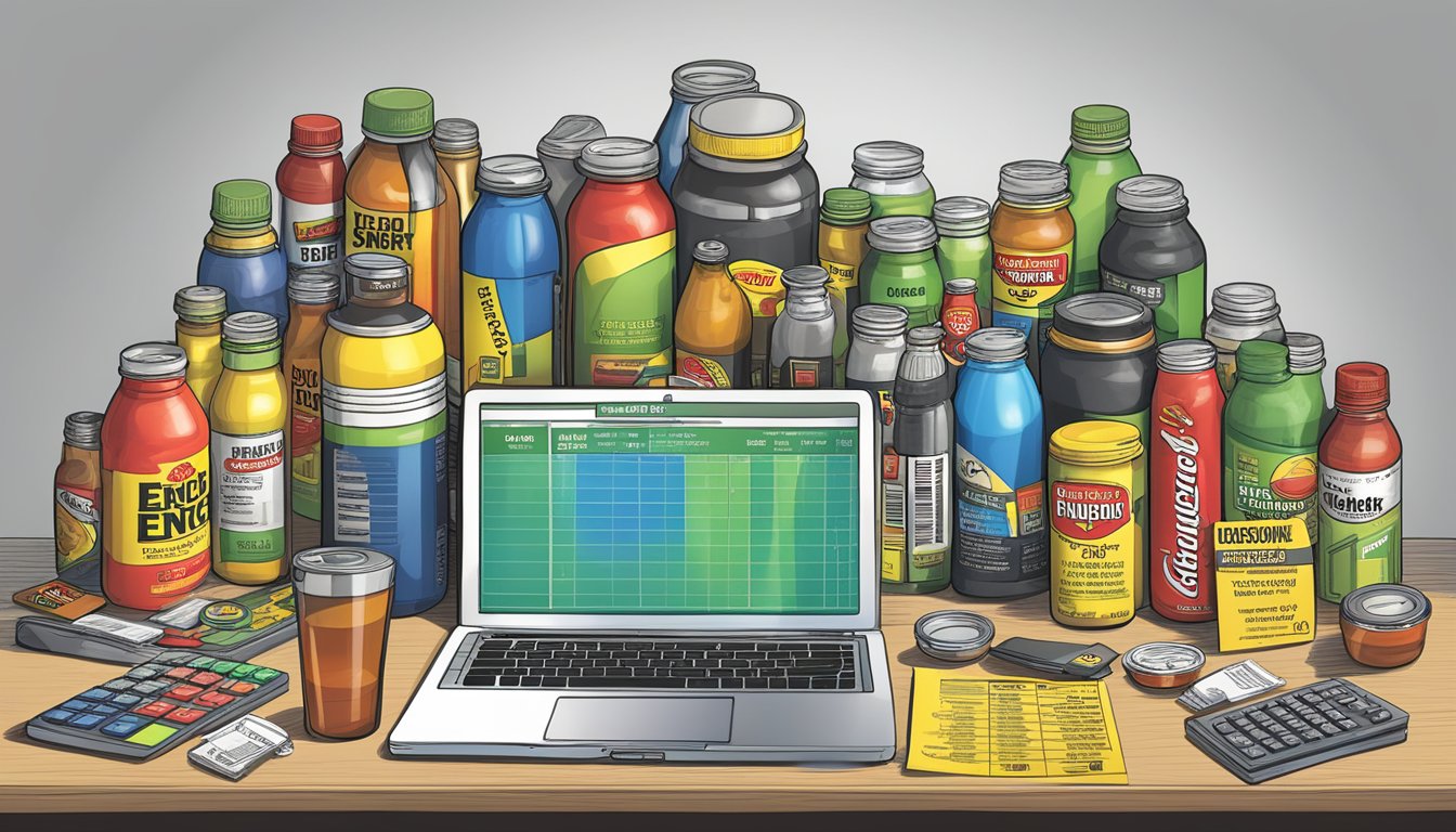 A cluttered desk with empty 5-hour energy bottles, nutrition labels, and a calculator. An open laptop displays a search for "5-hour energy servings limit."