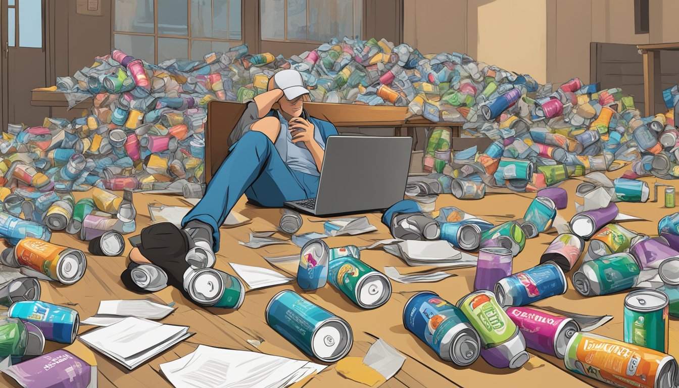 A table cluttered with empty Neutonic energy drink cans, surrounded by scattered papers and a person slumped over, appearing fatigued