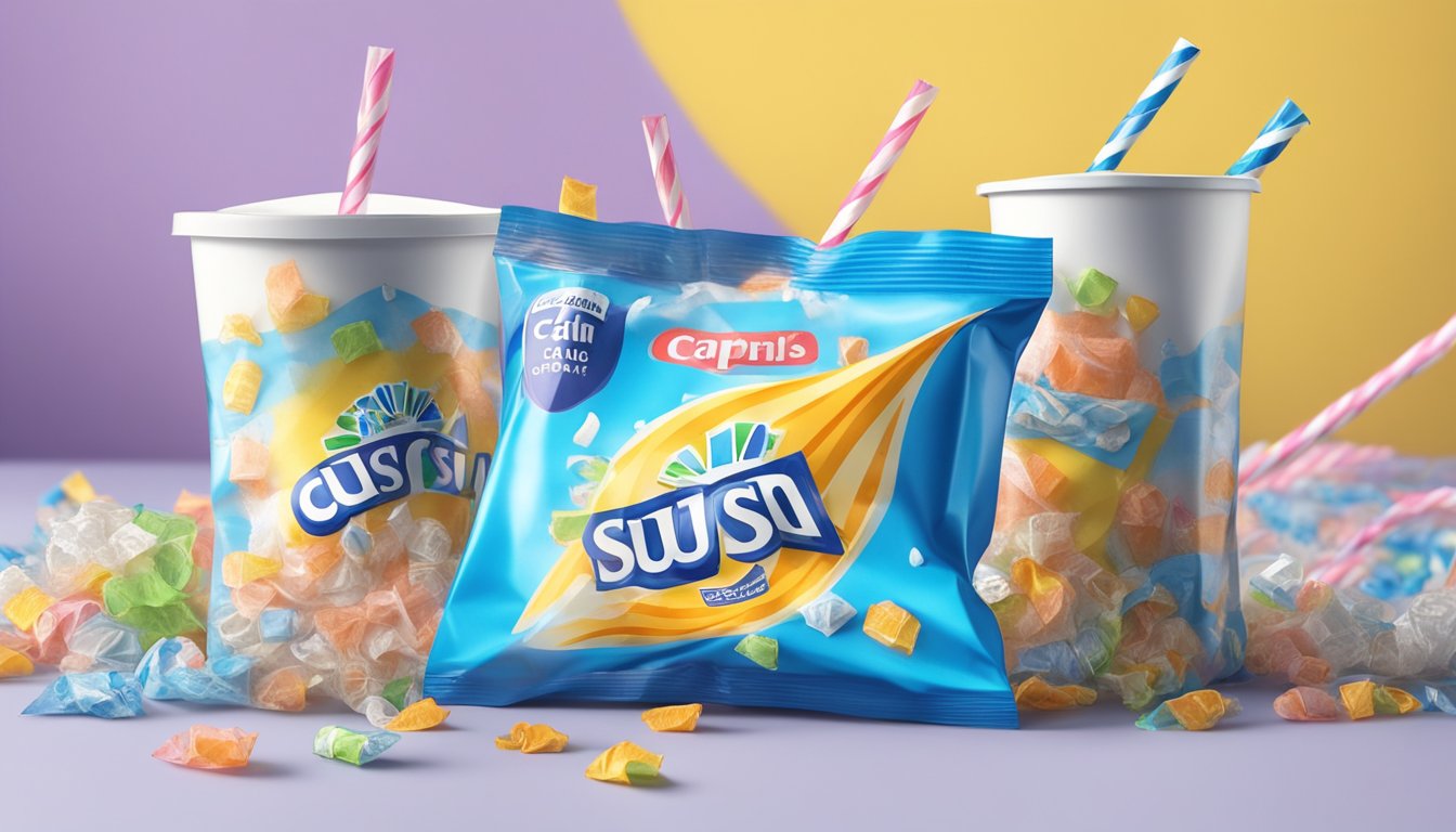 A table covered with empty Capri Sun Pacific Cooler pouches, surrounded by discarded straws and a pile of crumpled wrappers