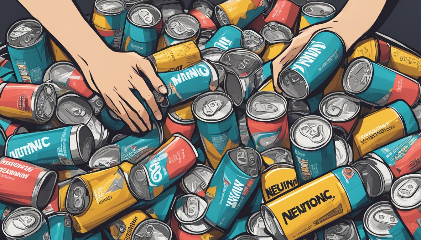 A crowded table with multiple empty cans of Neutonic Energy Drink, a hand reaching for another, and a pile of discarded warning labels