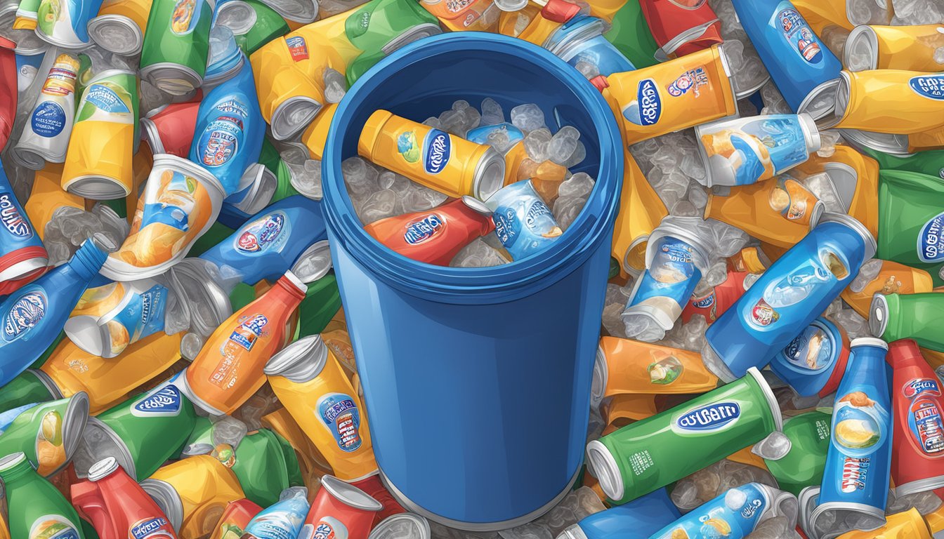 An overflowing garbage can surrounded by empty Capri Sun Coolers