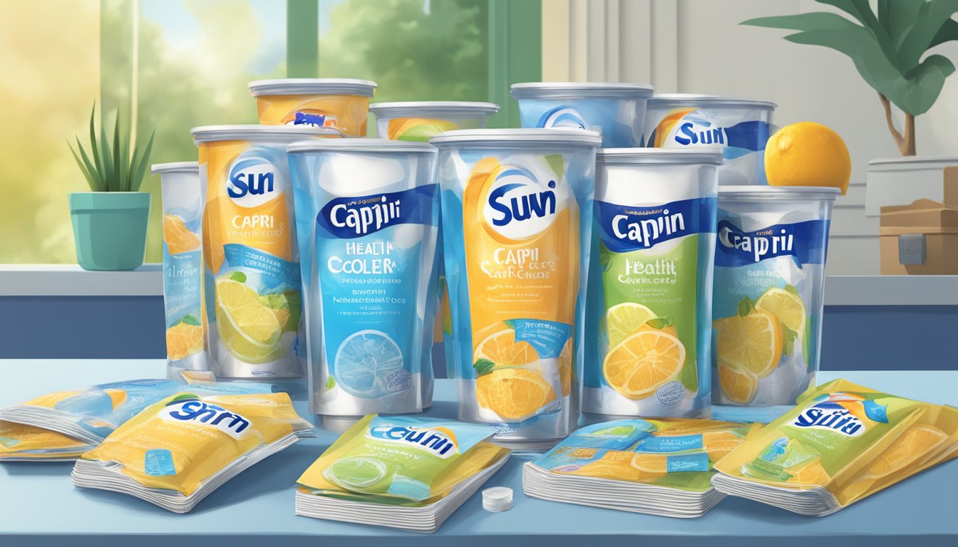 A table scattered with empty and half-full Capri Sun Coolers, surrounded by concerned faces and a pile of health pamphlets