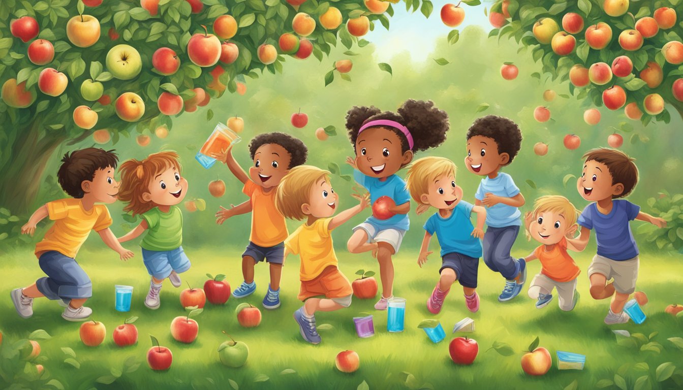 A group of colorful Honest Kids Appley Ever After juice boxes overflowing from a large, tipped-over glass, surrounded by apple trees