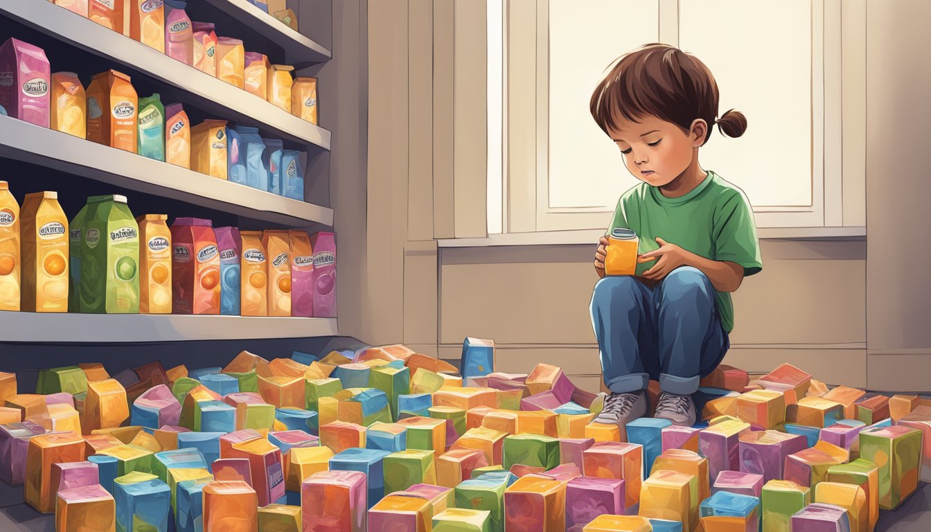 A child surrounded by empty juice boxes, looking unwell