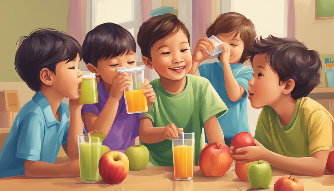 A group of children drinking from oversized juice boxes, surrounded by apples and a measuring cup