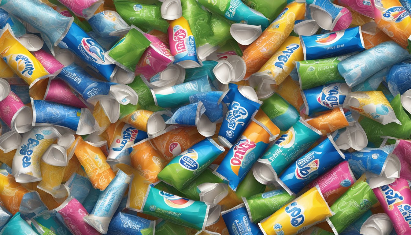 A table covered in empty Capri Sun Coolers, surrounded by discarded straws and crumpled wrappers