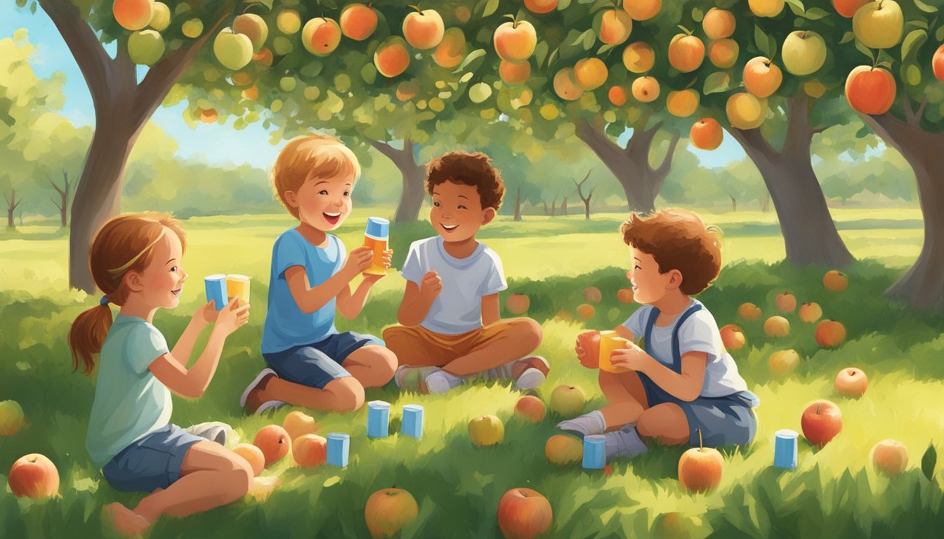 A group of children playing in a sunny orchard, surrounded by apple trees and holding empty juice boxes