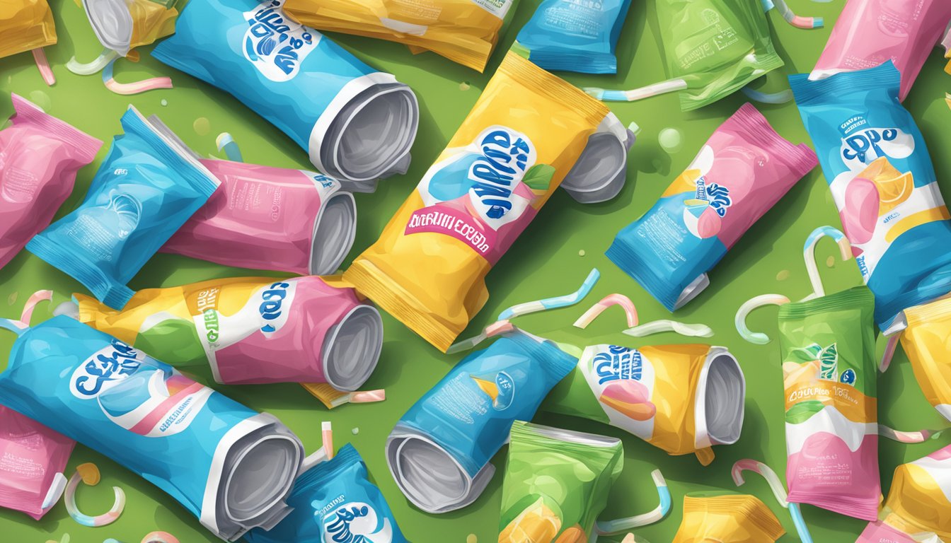 A pile of empty Capri Sun Coolers scattered around a picnic blanket, with multiple straws lying nearby