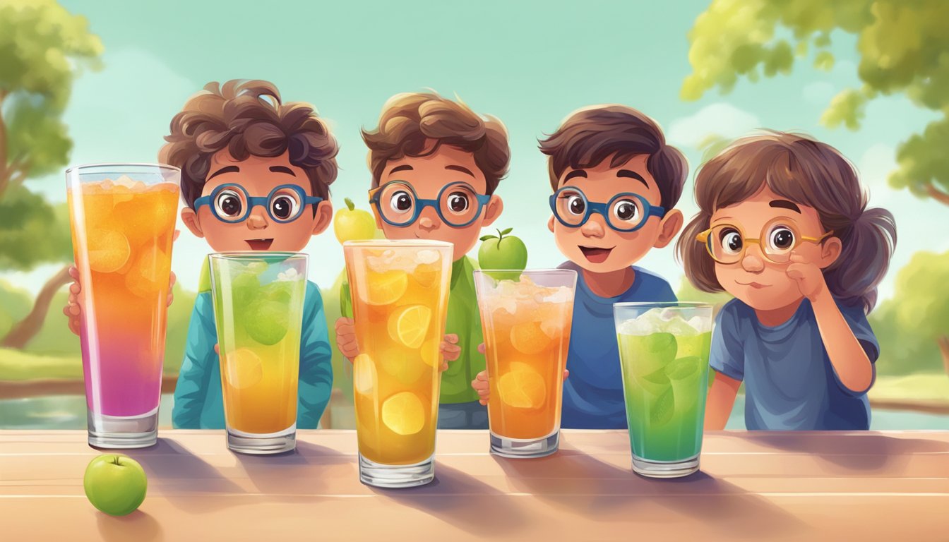 A group of colorful, overflowing glasses of Honest Kids Appley drinks, with a concerned figure looking at them