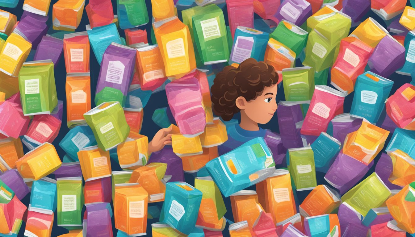 A colorful array of overflowing juice boxes, with a concerned parent looking at the nutrition label