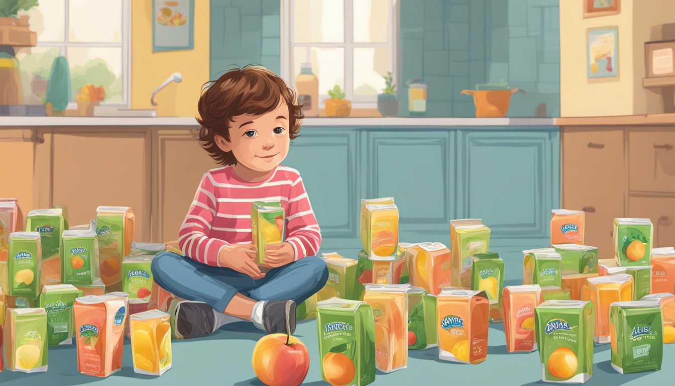 An overflowing glass of Honest Kids Appley juice surrounded by a pile of empty juice boxes, with a concerned expression on a child's face