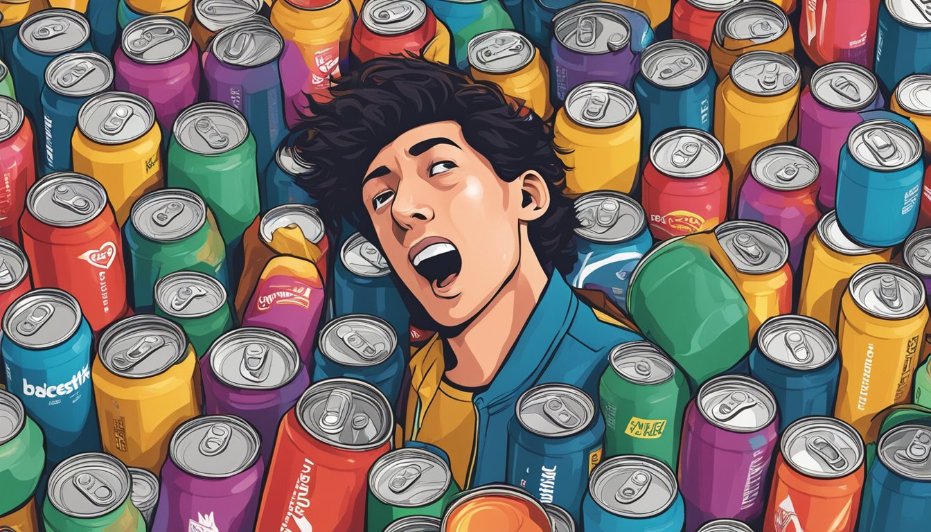 A person surrounded by empty Rockstar cans, heart racing, sweating, and feeling nauseous