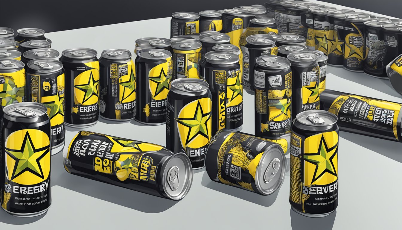 A table with multiple empty Rockstar Energy cans scattered around, with a warning label about consuming too many servings