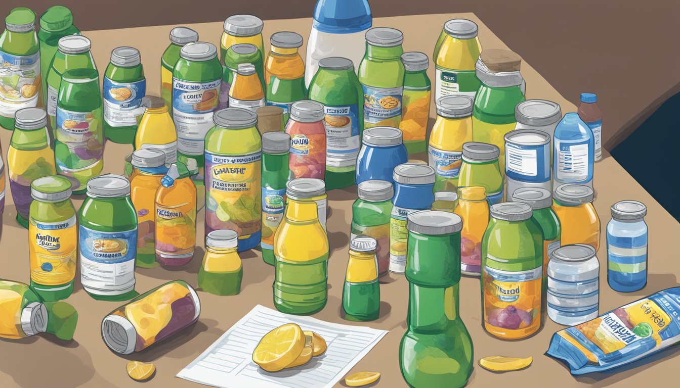 A table with multiple empty Snapple bottles scattered around, a concerned person looking at a nutrition label