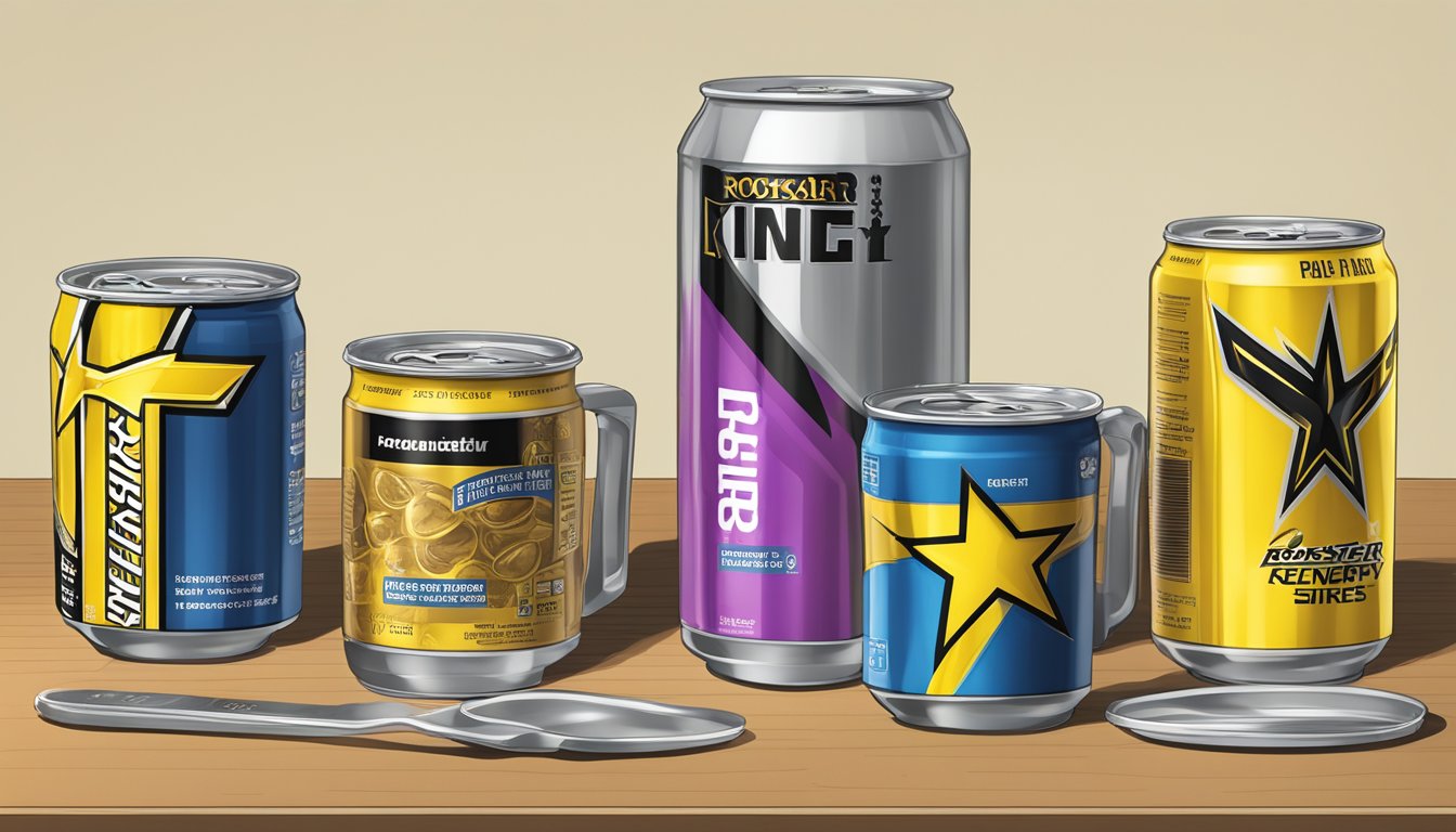 A table with multiple cans of Rockstar energy drink, a measuring cup, and a chart of recommended serving sizes