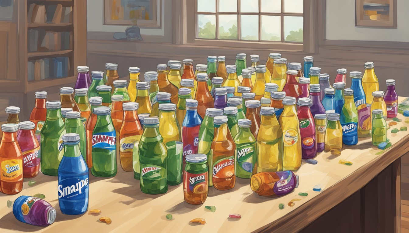 A table with multiple empty Snapple bottles scattered around, some knocked over. A person appears to have consumed an excessive amount