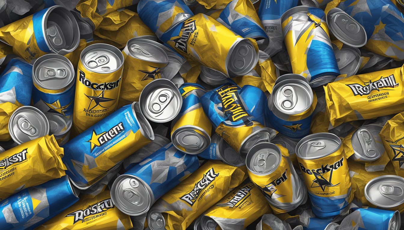 A table with multiple empty cans of Rockstar energy drink scattered around, surrounded by discarded energy drink bottles and a pile of crumpled energy drink wrappers