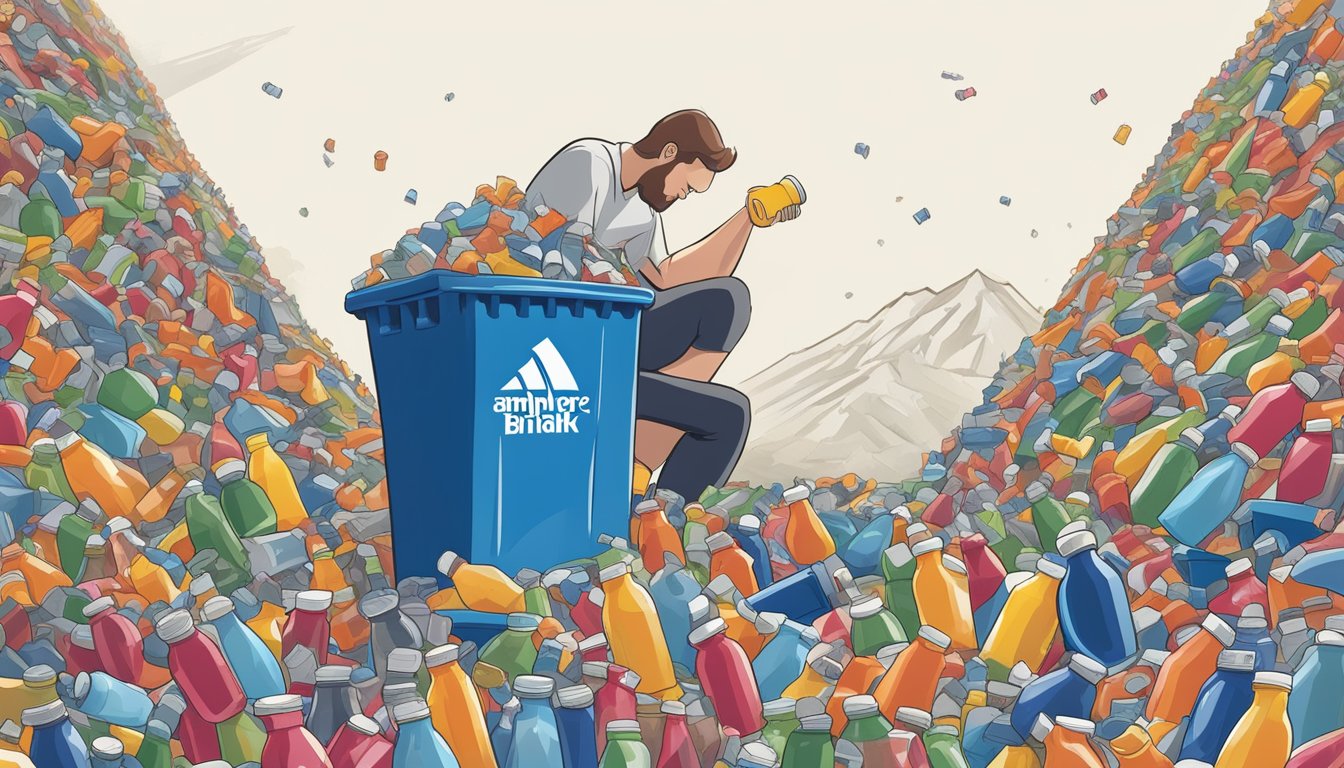 A mountain of empty BodyArmor sports drink bottles, overflowing from a trash can, with a person looking overwhelmed by the sheer quantity