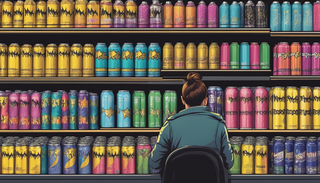 A shelf filled with Rockstar energy drinks, with a concerned person looking at the variety of options and pondering how many servings is too much