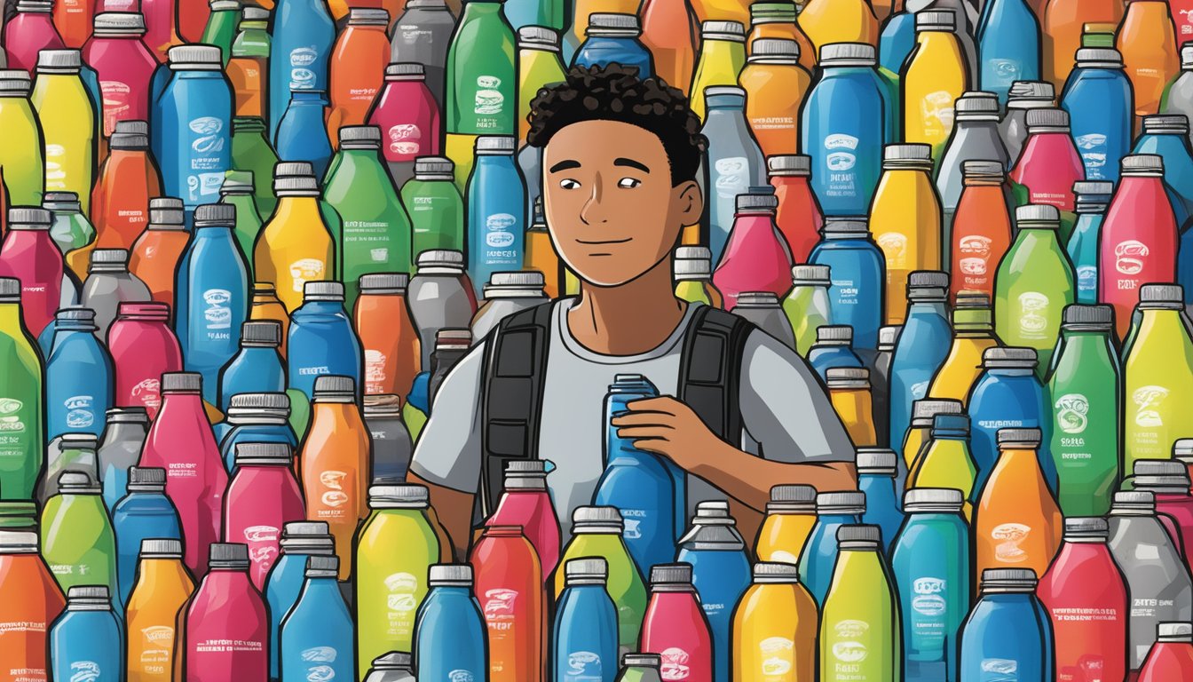 A person surrounded by numerous empty bottles of BodyArmor sports drink, looking overwhelmed