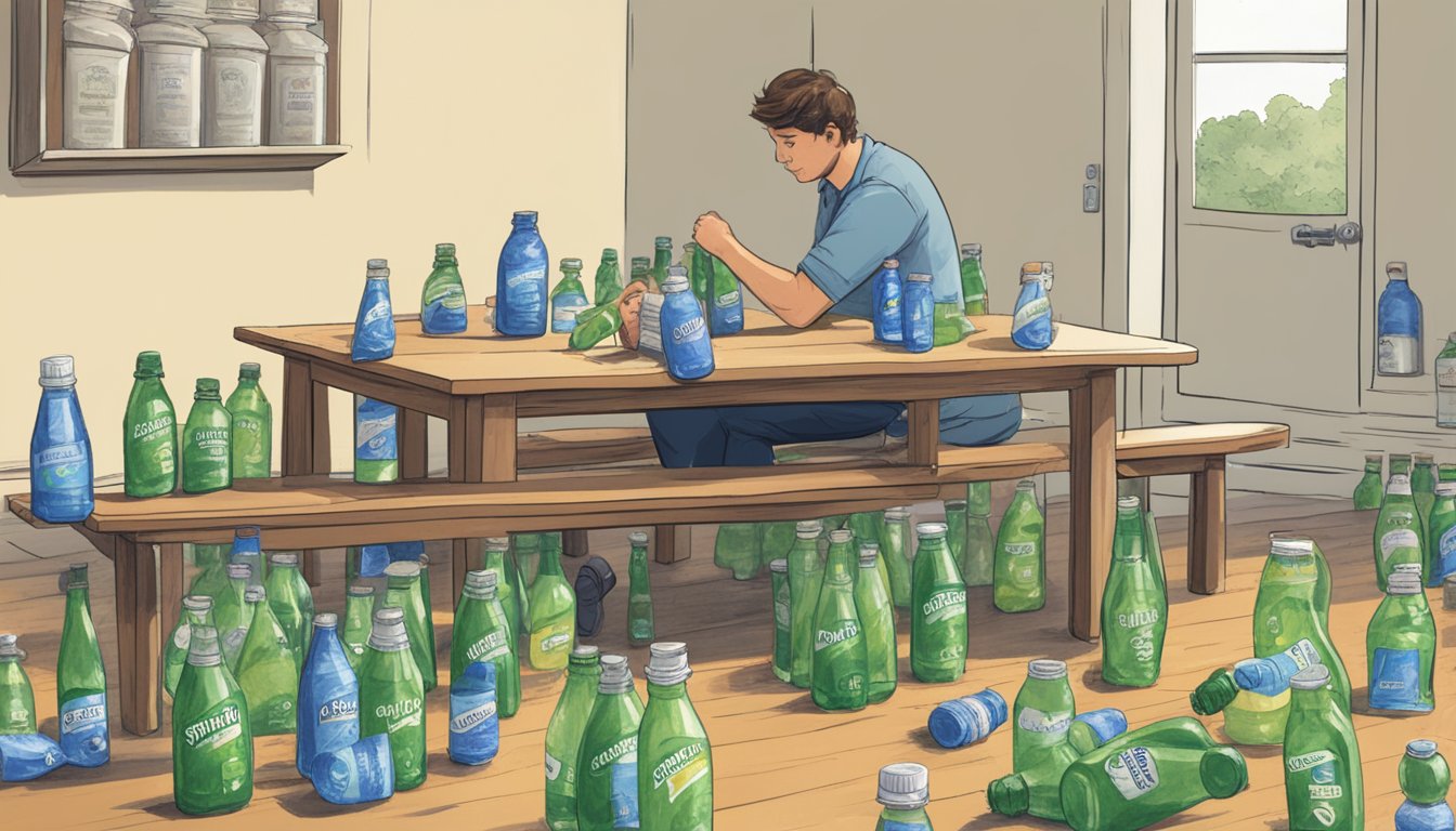 A table with multiple empty Snapple bottles scattered around, some toppled over, and a person walking away with a look of discomfort