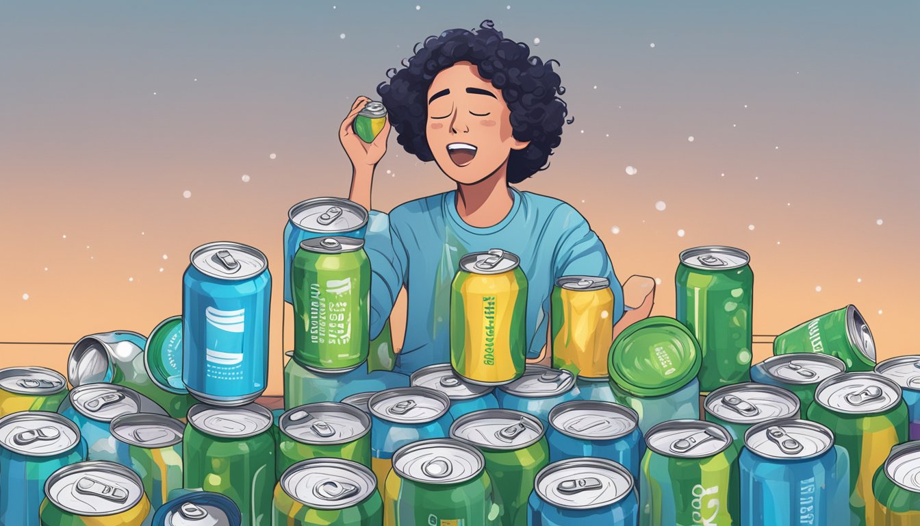 A person surrounded by empty cans of Liquid Death Sparkling Water, looking overwhelmed