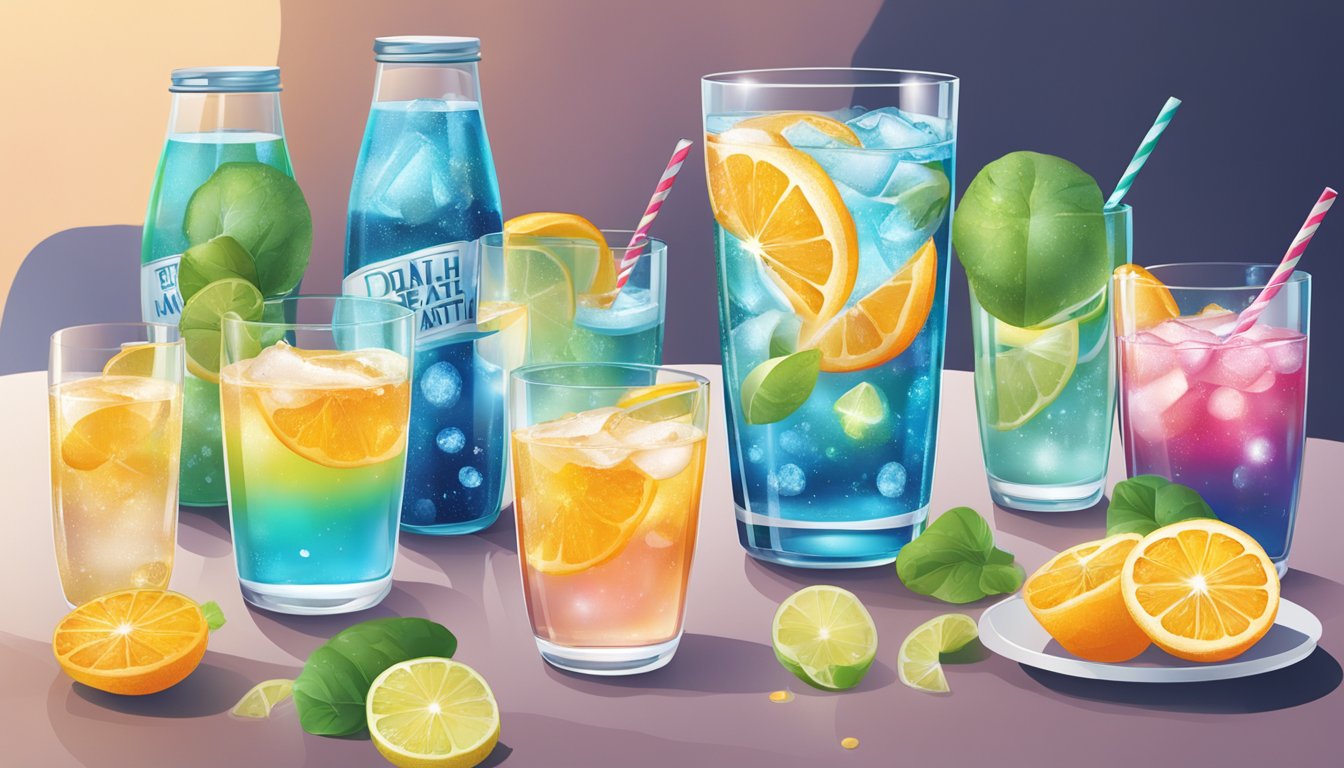 A table with multiple glasses of Liquid Death sparkling water, some overflowing. Various marketing materials and cultural symbols surround the glasses