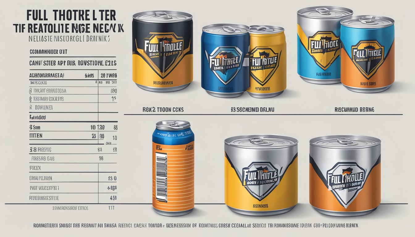 A table with multiple cans of Full Throttle energy drink, with a measuring cup and a chart showing recommended serving sizes