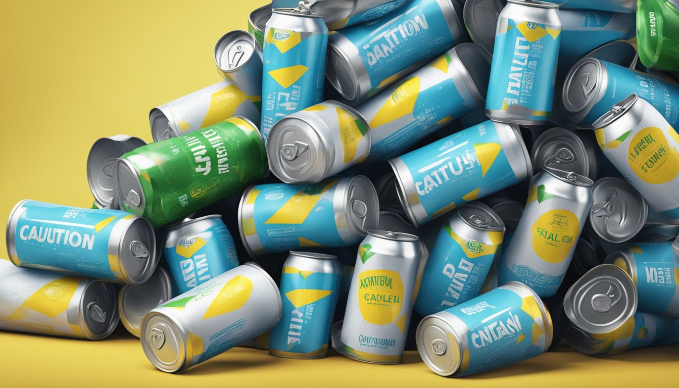 A stack of empty Liquid Death sparkling water cans toppled over, surrounded by caution signs