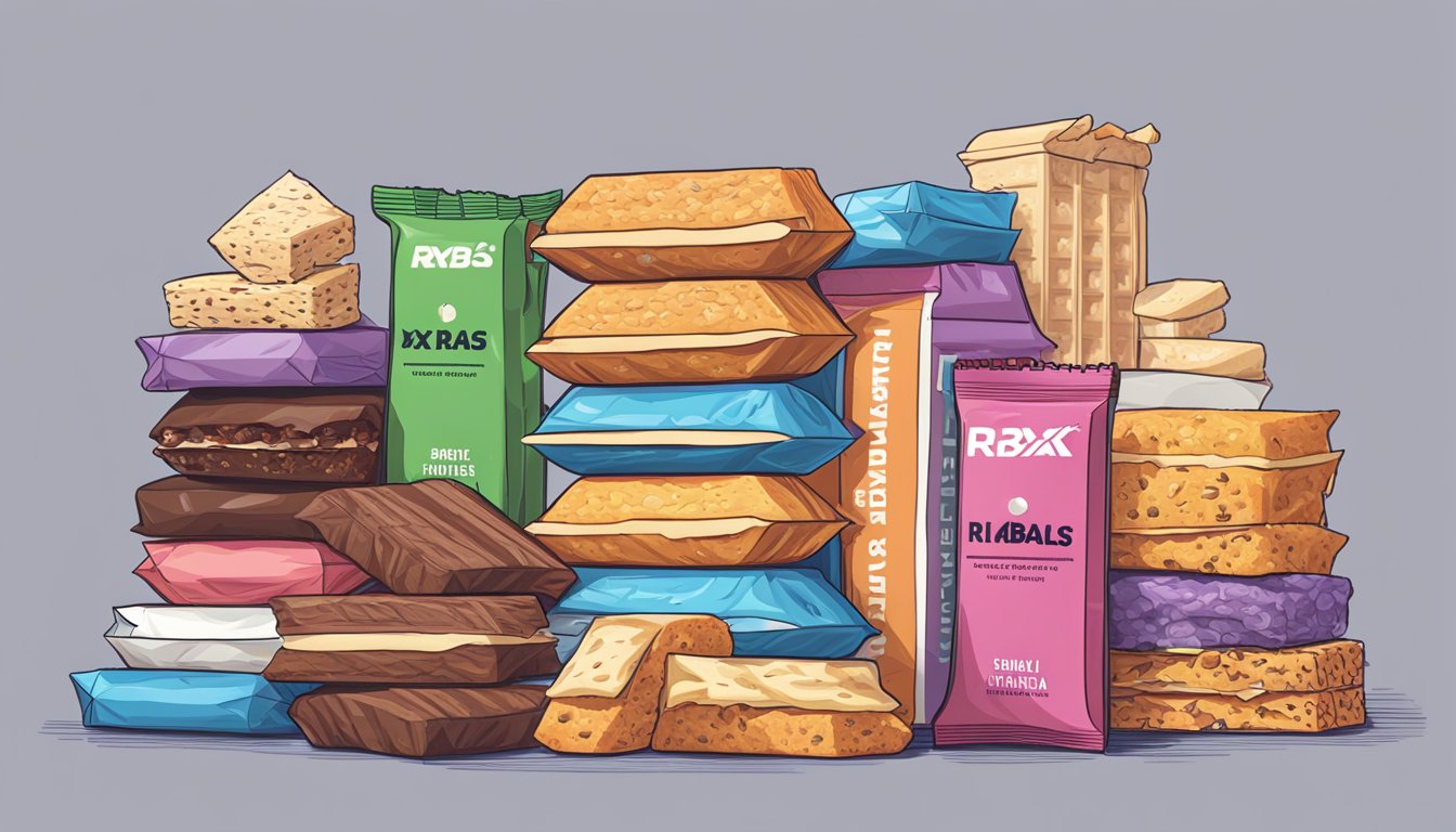 A pile of various snack options with a stack of RXBARs towering over the rest, suggesting excess consumption