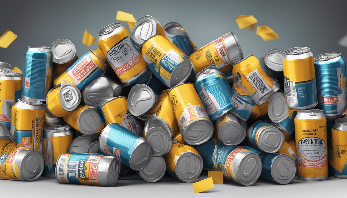 A pile of empty Full Throttle cans surrounded by caution signs and a warning label