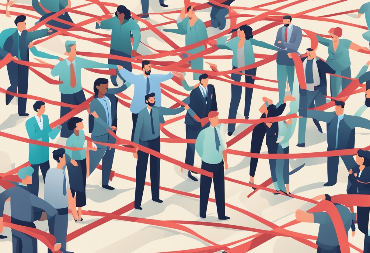 A group of confused individuals surrounded by tangled red tape and bureaucratic obstacles, symbolizing the common misconceptions about the DTC application process