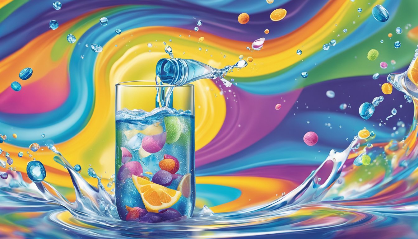 A bottle of Mio liquid water enhancer pouring excessively into a glass of water, overflowing with bright, colorful liquid