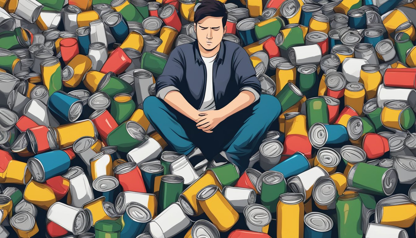 A person surrounded by empty cans of Full Throttle, looking overwhelmed