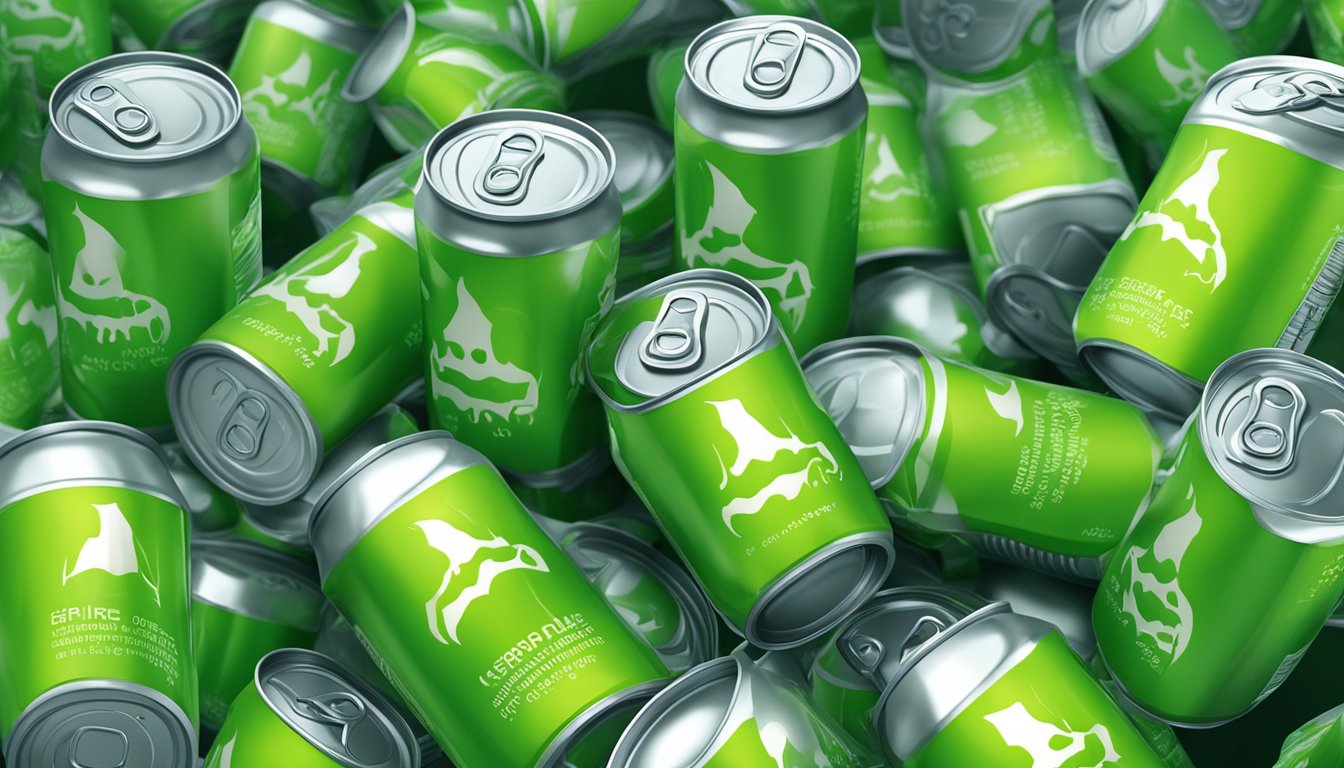 A group of ghost-shaped energy drink cans piled high, some open and spilling their glowing green liquid onto the table