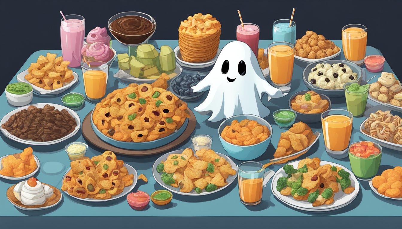 A crowded table with an array of ghost-shaped food items, including drinks, snacks, and desserts, all arranged in multiple servings